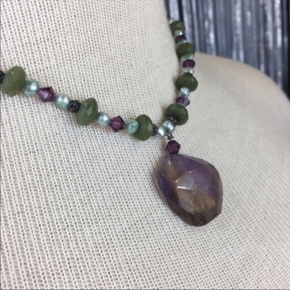 Artisan Fluorite, Pearl and Jade Sterling Necklace - Picture 3 of 8